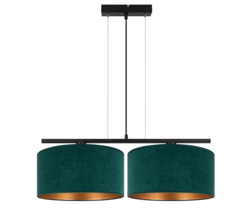Lampa wisząca nowoczesna z 2 dużymi abażurami z weluru w kolorze butelkowej zieleni i złota.