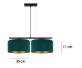 Lampa podwójna z abażurami w kolorze butelkowej zieleni i złota.