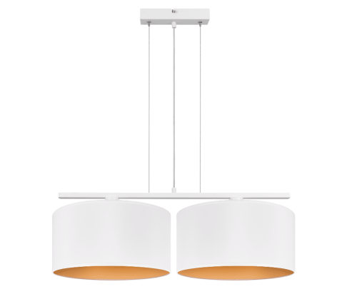 Podwójna lampa wisząca z 2 kloszami biało-złotymi.