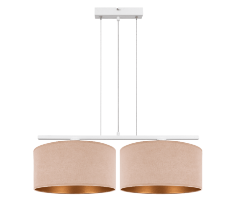Lampa elegancka i modna - wisząca z 2 dużymi abażurami z weluru w kolorze beżowo-złotym.