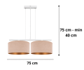 Lampa wisząca nad stół z 2 dużymi welurowymi abażurami w kolorze beżu i złota.