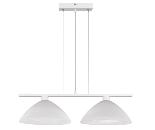 Biała lampa wisząca nad stół do kuchni i jadalni z 2 dużymi szklanymi kloszami.