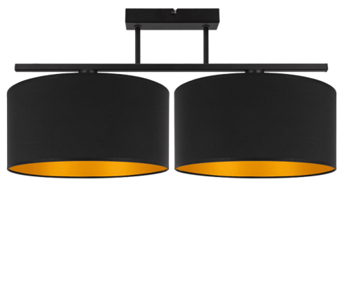 Lampa na sufit w kolorze czarno-złotym z 2 dużymi abażurami.