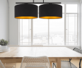 Lampa na sufit do jadalni i kuchni nad stół. Dwa duże abażury w kolorze czarnym ze złotym środkiem.
