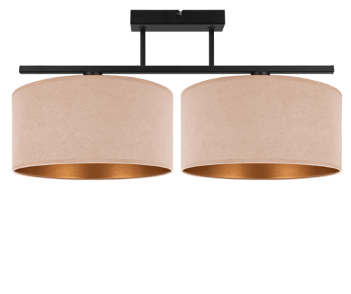 Lampa na sufit z 2 dużymi welurowymi abażurami w kolorze beżowo-złotym.