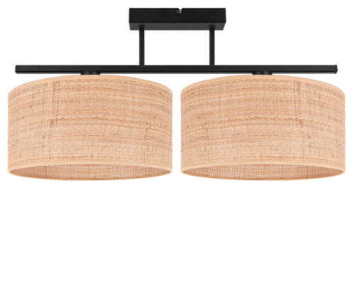 Niska lampa na sufit z 2 dużymi kloszami z rattanu.