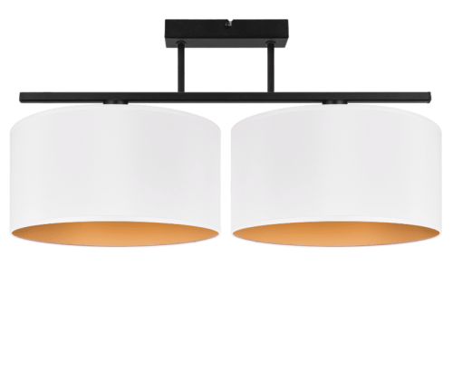 Lampa nowoczesna pod sufit z dużymi abażurami biało-złotymi.