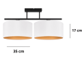Lampa przysufitowa z 2 dużymi abażurami białe na zewnątrz i złote od środka.