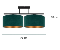 Lampa przysufitowa nowoczesna z 2 dużymi kloszami - abażurami. Abażury welurowe w kolorystyce butelkowej zieleni z zewnątrz i złota od wewnątrz.
