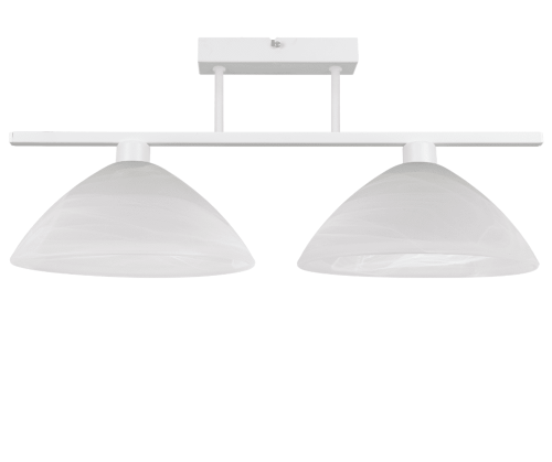Biała lampa na sufit z 2 dużymi szklanymi kloszami.