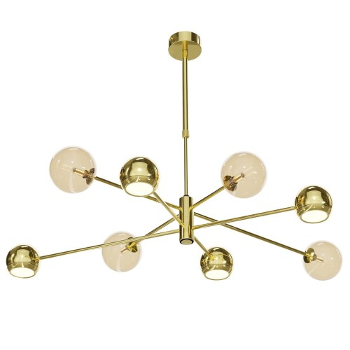Nowoczesny żyrandol z kulami szklanymi i reflektorkami. Cała lampa jest w kolorze złotym a jej wysokość jest regulowana.