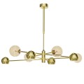 Nowoczesny złoty żyrandol do salonu w kolorze złotym. Punkty światła to bursztynowe kule szklane i halogeny.