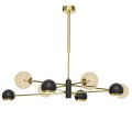 Nowoczesny czarno-złoty żyrandol do salonu nad stół. Regulowana wysokość. Punkty światła to 4 kule w kolorze bursztynowym i 4 reflektorki.