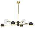 Nowoczesna duża lampa czarno-złota z 4 kulkami bezbarwnymi i 4 reflektorkami.