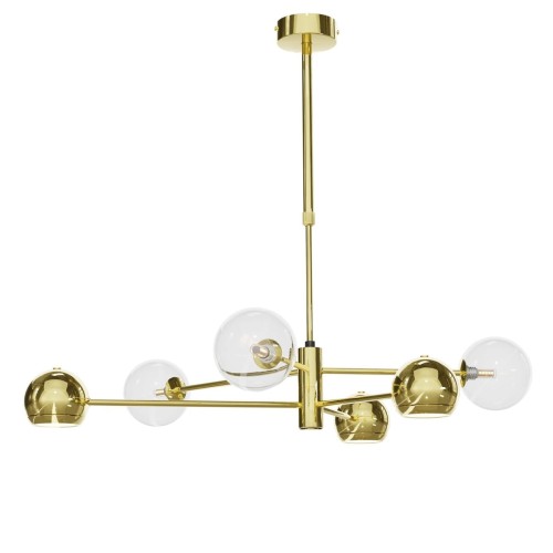 Złota nowoczesna lampa o regulowanej wysokości. Trzy kulki szklane i trzy reflektorki.