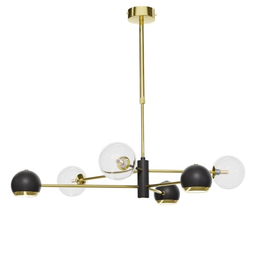 Nowoczesna lampa czarno-złota o regulowanej wysokości. 3 klosze bezbarwne i 3 reflektorki.