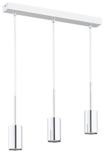 Potrójna srebrna lampa wisząca na żarówki led. Trzy tuby w kolorze chrom.