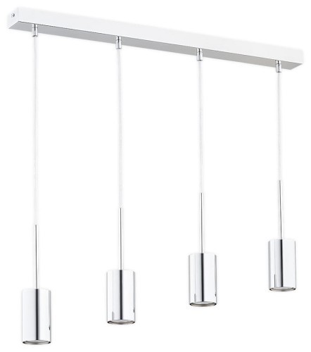 Cztery srebrne tuby wiszące na listwie. Lampa nowoczesna w kolorze chromu.