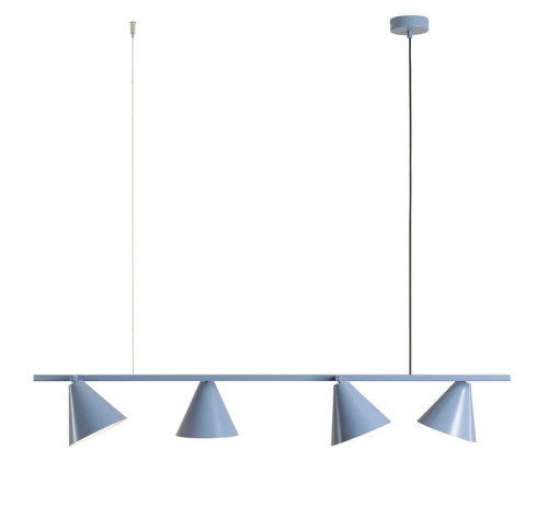 Nowoczesna lampa wisząca na linkach z 4 metalowymi kloszami. Lampa do pokoju młodzieżowego w kolorze błękitnym.