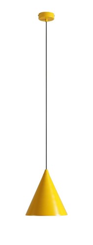 Pojedynczy zwis lampa w kolorze żółtym musztardowym. Nowoczesna forma o kształcie stożka - lejka.