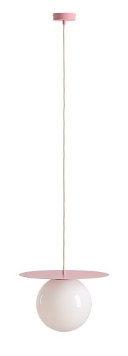 Lampa pojedyncza z białą kulą do pokoju dziecka - dziewczynki. Stelaż lampy w kolorze różowym.