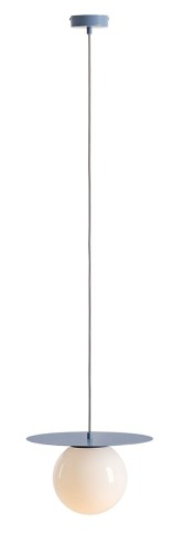 Lampa wisząca z kulką szklaną. Stelaż lampy w kolorze błękitnym.