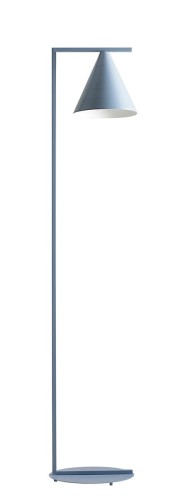 Niebiesko-błękitna lampa podłogowa o nowoczesnej i minimalistycznej formie.