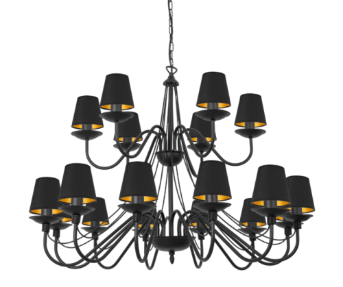 Żyrandol duży z abażurami czarno-złotymi na antresolę.