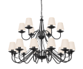 Duża lampa klasyczna do wysokiego domu i salonu. Żyrandol czarny abażury w kolorze kremowym.