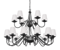 Klasyczny żyrandol duży w kolorze czarnym z białymi abażurkami. Lampa klasyczna do wysokiego salonu i domu.