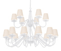 Okazały duży biały żyrandol do wysokiego salonu i domu z klosikami w kolorze ecru.