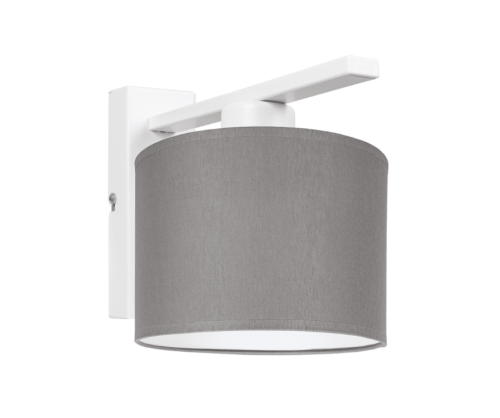 Biały nowoczesny kinkiet z szarym abażurem.