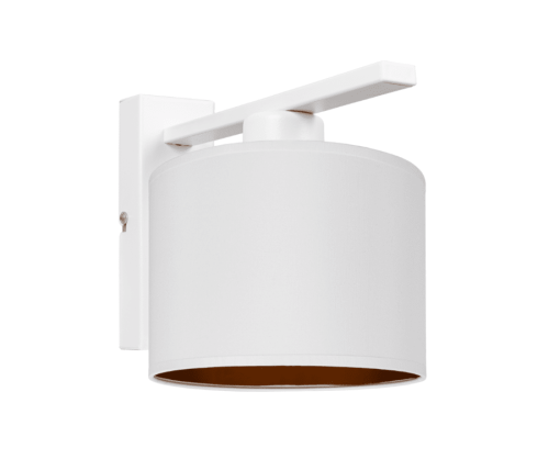 Biały kinkiet ścienny, abażur w kolorze biało-złotym.