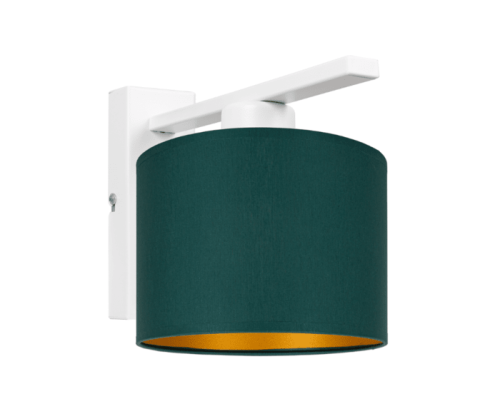 Biały kinkiet na ścianę z abażurem w kolorze butelkowej zieleni.