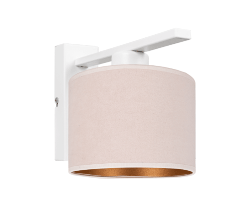 Lampa na ścianę z abażurem w kolorze beżowo-złotym.