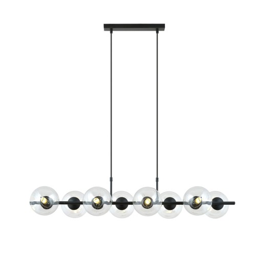 Lampa z kloszami bezbarwnymi kulami na poziomym stelażu. Szeroka do duzych salonów nad stół.