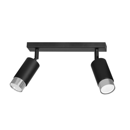 Nowoczesna lampa na ścianę z 2 reflektorkami w kolorze czarno-srebrnym.