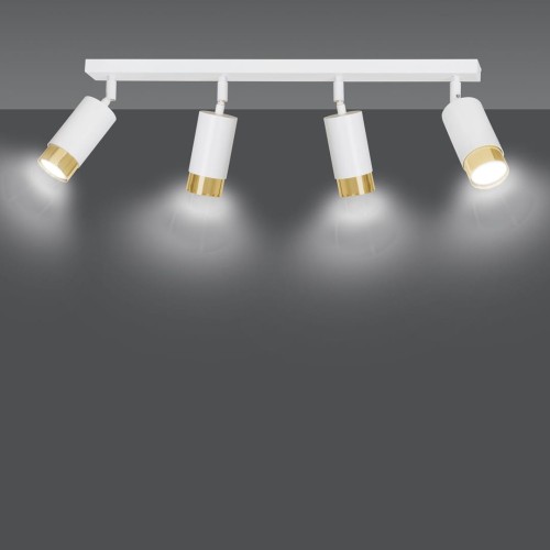 Lampa spot do salonu w kolorze biało-złotym z 4 reflektorami.