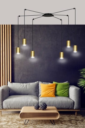 6 punktowa wisząca lampa ledowa typu "pająk" w kolorze czarno -złotym.