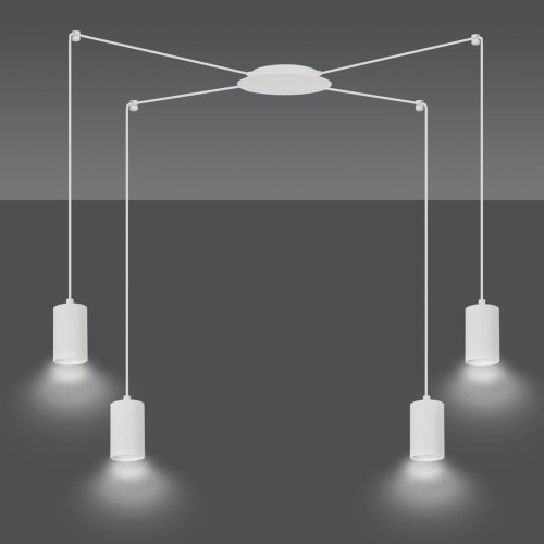 Biała lampa sufitowa typu pająk z 4 żarówkami ledowymi.
