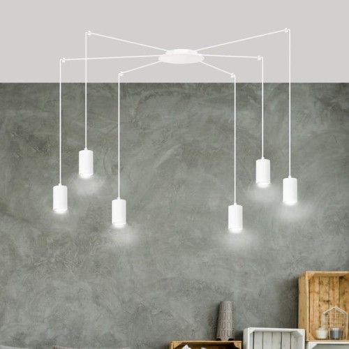 Biała lampa pająk z 6 żarówkami led.