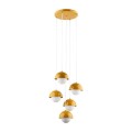 Lampa wisząca kolorowa z 5 kloszami szklanymi. Cała lampa bardzo nowoczesna i designerska w kolorze ochra.