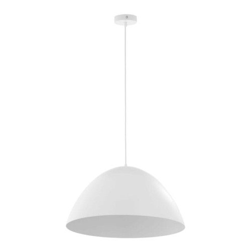 Lampa pojedyncza duża o średnicy 50 cm z kloszem metalowym pomalowanym na kolor biały.