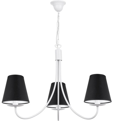 Prosty żyrandol trójramienny. Biały stelaż i czarne abażurki.