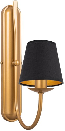 Kinkiet złoty klasyczny z czarno-złotym abażurem.