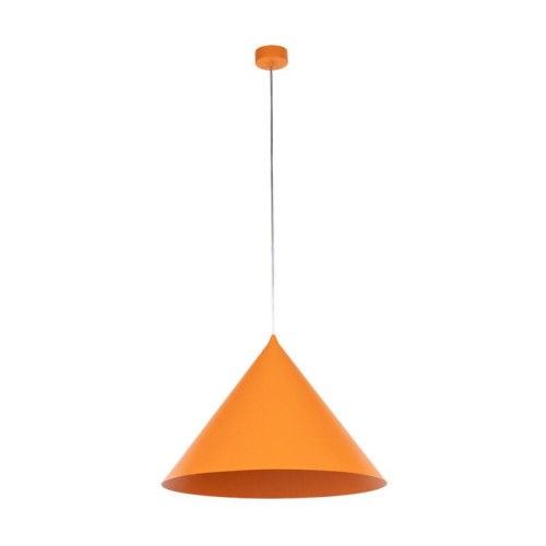 Lampa pojedyncza wisząca o kształcie stożka w kolorze pomarańczowym.