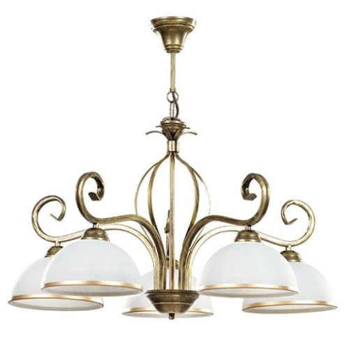 Żyrandol w stylu rustykalnym z 5 białymi kloszami. Lampa do salonu tradycyjnego.