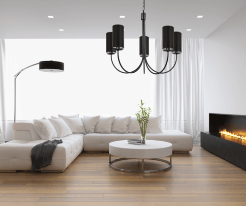 Żyrandol czarny wiszący na sufit do salonu z czarnymi abażurami - tubami.