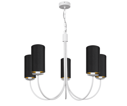 Biały duży żyrandol do salonu z abażurami czarno-złotymi.