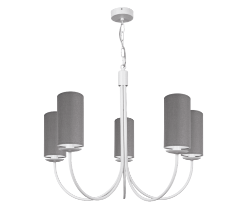 Żyrandol biały duży i nowoczesny z szarymi abażurami o kształcie tuby.
